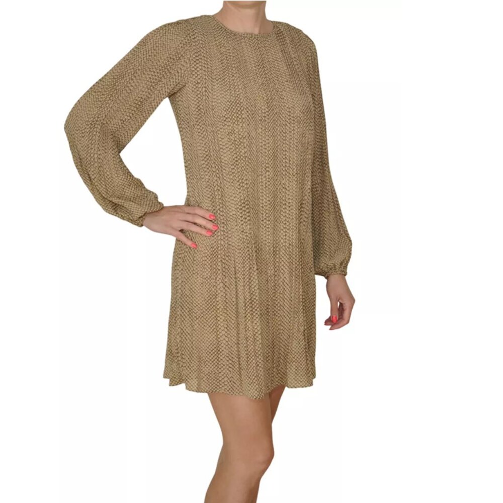 Michael Kors Georgette Reptile Print Chiffon Long Sleeve Pleated Mini Dress
